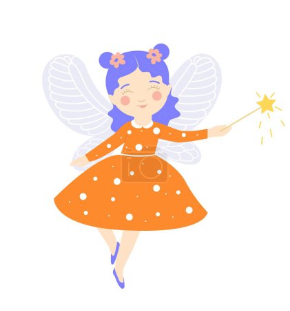 Illustration for Fairy with magic wand. Little kid girl in red dress with wings. Magic, sorcery and witchcraft. Fairy tale, imagination and fantasy. Toy or mascot for children. Cartoon flat vector illustration - Royalty Free Image