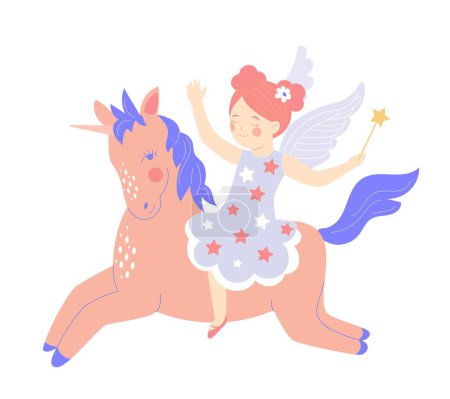Illustration for Fairy with unicorn. Little girl in blue dress rides fictitious horse. Sticker for social networks and messengers. Graphic element for website, poster or banner. Cartoon flat vector illustration - Royalty Free Image