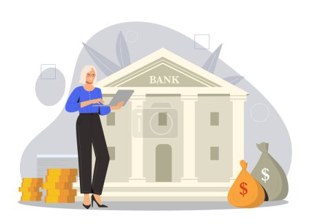 Illustration for Woman near bank. Young girl with laptop stands next to stack of coins and money with cash. Passive income, financial literacy. Bank accountant, worker and employee. Cartoon flat vector illustration - Royalty Free Image