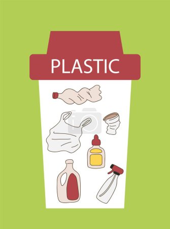 Ilustración de Conjunto de basura plástica. Reciclaje y reutilización de residuos. Reducir la liberación de sustancias nocivas al medio ambiente. Infografías para el sitio web. Iconos de botella, bolsa y pulverizador. Dibujos animados ilustración vector plano - Imagen libre de derechos