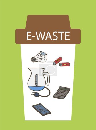 Illustration for Set of electronic trash. Broken light bulb, battery and electric kettle. Reducing emission of harmful substances, reuse and recycling of waste. Infographics. Cartoon flat vector illustration - Royalty Free Image