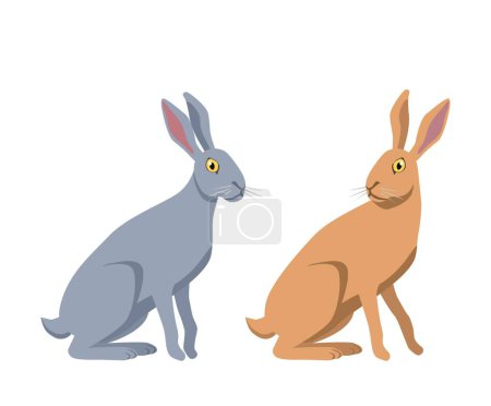 Illustration for Two rabbits icon. Grey and brown bunnies sitting. Graphic element for printing on fabric. Toy or mascot for children. Symbol of speed, biology and fauna, wild life. Cartoon flat vector illustration - Royalty Free Image
