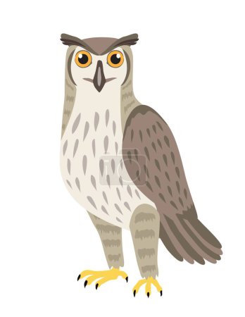 Illustration for Grey owl icon. Forest autumn inhabitant. Symbol of autumn season. Graphic element for printing on fabric, poster or banner for website. Animal with wings and feathers. Cartoon flat vector illustration - Royalty Free Image