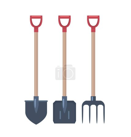 Illustration for Shovels and rakes. Tools and instruments for cleaning leaves in garden, outdoor work. Graphic element for website, poster or banner. Private house inventory. Cartoon flat vector illustration - Royalty Free Image