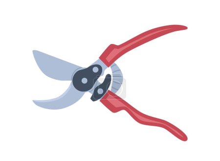 Illustration for Garden red secateurs. Steel tool for cutting branches and shaping bushes. Graphic element for website, sticker for social media. Active lifestyle, love for plants. Cartoon flat vector illustration - Royalty Free Image