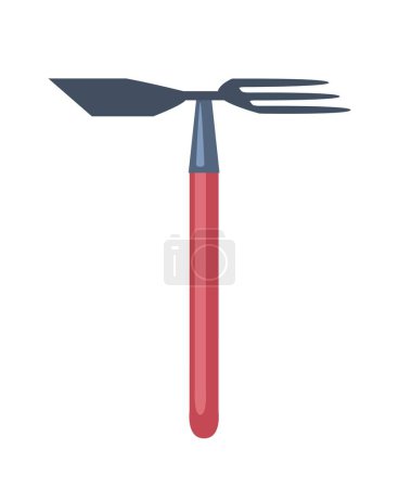 Illustration for Garden red shovel and rake. Handy tool for planting flowers, bushes and trees. Love for nature. agriculture and botanics, farming. Graphic element for website. Cartoon flat vector illustration - Royalty Free Image