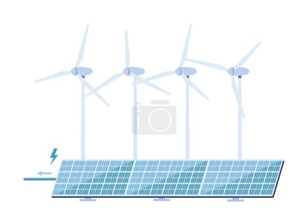 Illustration for Windmill and solar panel. Alternative energy sources. Caring for environment and reducing emissions of harmful substances, electricity. Poster or banner for website. Cartoon flat vector illustration - Royalty Free Image