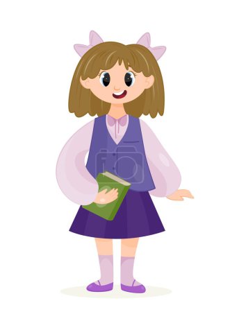 Illustration for Happy schoolgirl with book. Girl in blue jacket and skirt. 1 September. day of knowledge and autumn holiday. Education and training. Aesthetics and elegance, beauty. Cartoon flat vector illustration - Royalty Free Image