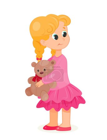 Illustration for Happy girl with teddy. Schoolgirl in pink dress hugs her favorite toy. Poster or banner for website. Love and care. Aesthetics, elegance. Fashion, style and trend. Cartoon flat vector illustration - Royalty Free Image