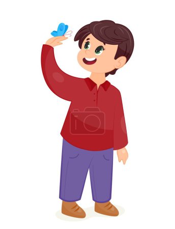Illustration for Happy boy with butterfly. Schoolboy in red sweater and blue pants with blue insect on his arm. Aesthetics and elegance. Love for nature. Poster or banner for website. Cartoon flat vector illustration - Royalty Free Image