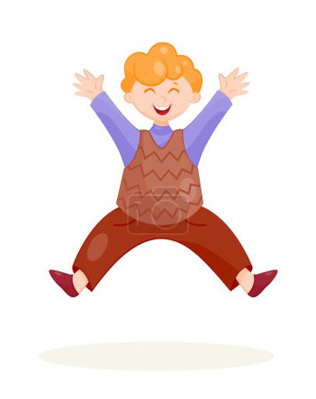 Téléchargez les illustrations : Joyeux garçon sautant. Jeune homme en pantalon rouge et gilet brun se réjouit. Enfant heureux, émotions, expressions faciales et gestes. Sticker pour les réseaux sociaux et les messagers. Illustration vectorielle plate de bande dessinée - en licence libre de droit