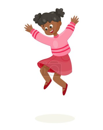 Téléchargez les illustrations : Joyeux saut de fille. Enfant en pull rose et jupe. Activités et passe temps, loisirs. Affiche ou bannière pour site web. Joyeux écolière et repos après l'école. Illustration vectorielle plate de bande dessinée - en licence libre de droit