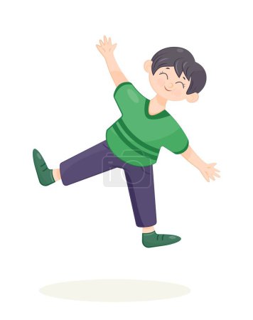 Illustration for Happy boy jumping. Guy in blue pants and green tshirt on white background. Positivity and optimism. Leisure and entertainment. Emotions, expressions and feelings. Cartoon flat vector illustration - Royalty Free Image