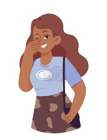 Illustration for Happy woman icon. Young girl in blue Tshirt with bag smiles and covers her face with her hand. Fashion and style, poster or banner for website. Casual outfit. Cartoon flat vector illustration - Royalty Free Image