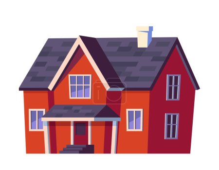 Illustration for House or cottage. Sticker or icon of red brick duplex apartment with porch and chimney. Urban real estate for rent, sales or mortgage. Cartoon flat vector illustration isolated on white background - Royalty Free Image