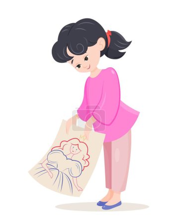 Illustration for Girl show drawing. Young girl holds sheet of paper with princess or queen drawn in pencil. Activity and leisure. Sticker for social media and instant messengers. Cartoon flat vector illustration - Royalty Free Image