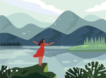 Illustration for Beautiful mountain landscape. Spring panorama with high cliffs, lake and forest trees. Girl admires surrounding nature. Wild Valley. Design element for banner. Cartoon flat vector illustration - Royalty Free Image