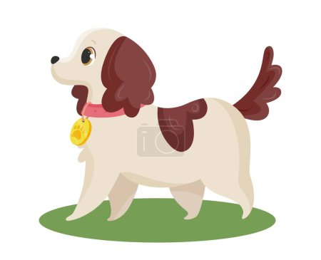 Illustration for Cute fluffy dog. Toy or mascots for children. Graphic element for printing on fabric, poster or banner for website. Best friend, pet with collar and gold medallion. Cartoon flat vector illustration - Royalty Free Image