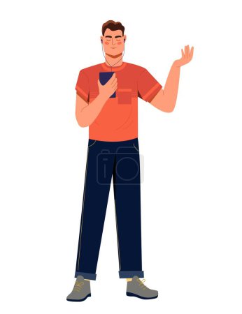 Illustration for Man with smartphone. Young guy listens to music. Character in headphones holds phone in his hand. Podcast and playlist. Sticker for social networks and messengers. Cartoon flat vector illustration - Royalty Free Image
