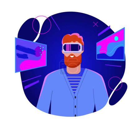 Illustration for Man in metaverse. Young guy in vr glasses on background of blue neon figures. Digital world, gadgets and devices. Technology development, futuristic. Virtual reality. Cartoon flat vector illustration - Royalty Free Image