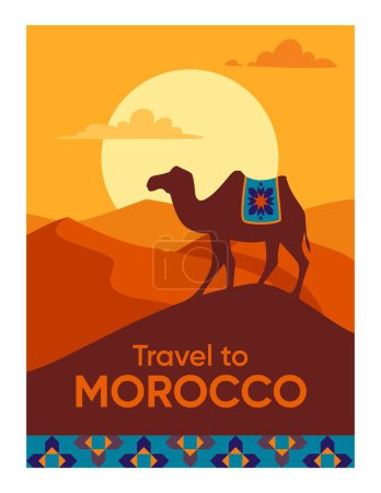 Illustration for Travel to Morocco poster. Camel walks through desert against backdrop of setting sun, animal on hot sand. Traditions and culture, Islam. Graphic element for website. Cartoon flat vector illustration - Royalty Free Image
