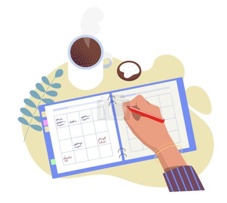 Illustration for To do list concept. Character writes information in cell, forms his own schedule. Metaphor for time management and efficient workflow. Hardworking employee or student. Cartoon flat vector illustration - Royalty Free Image