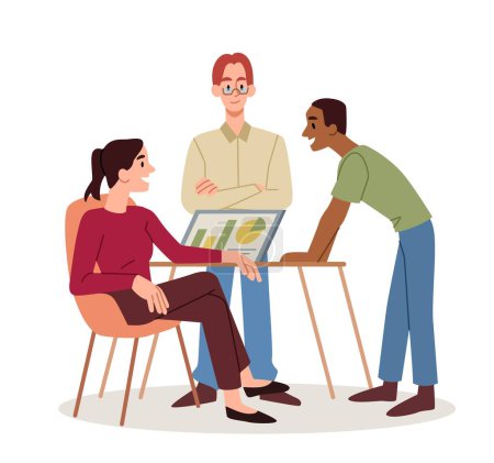 Illustration for Office staff concept. Men and woman discussing work project. Team work, collaboration and cooperation. Poster or banner for website. Analytics department in company. Cartoon flat vector illustration - Royalty Free Image