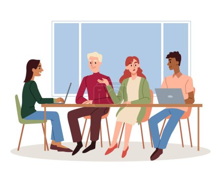 Illustration for Office staff concept. Men and women with laptops sit at table against background of school board. Coworker and colleagues. Communication and interaction, freelancers. Cartoon flat vector illustration - Royalty Free Image
