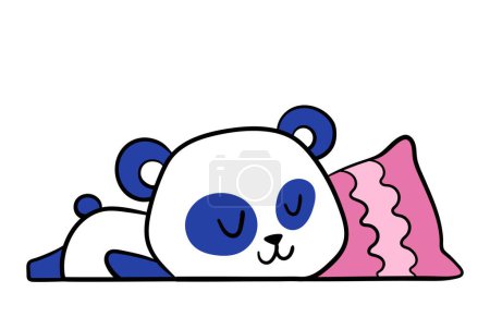 Ilustración de Lindo panda. Hermosa mascota animal se encuentra en el suelo o duerme en la almohada rosa suave. Elemento de diseño para imprimir en ropa para niños. Ilustración vectorial plana de dibujos animados aislada sobre fondo blanco - Imagen libre de derechos