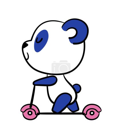 Téléchargez les illustrations : Joli petit panda. Mascotte d'animal positif promenades scooter rose à l'extérieur. Ours avec un mode de vie actif. Élément de conception pour les réseaux sociaux. Illustration vectorielle plate de bande dessinée isolée sur fond blanc - en licence libre de droit