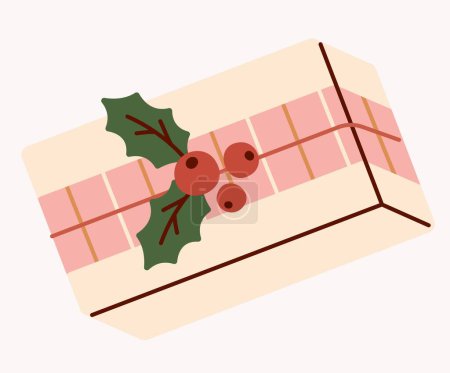 Illustration for Present craft icon. Gift box in white package with pink stripe and red berries. Symbol of New Year and Christmas. Sticker for social networks and messengers. Cartoon flat vector illustration - Royalty Free Image