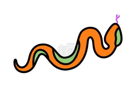 Illustration for Psychedelic retro sticker. Groovy acid icon with crawling orange snake. Design element for printing on fabric. Vintage decoration. Cartoon flat vector illustration isolated on white background - Royalty Free Image