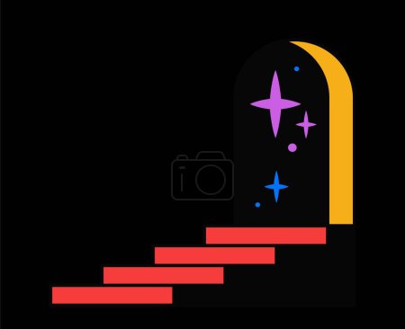 Illustration for Psychedelic retro sticker. Dark groove poster with mystical door, stars and stairs. Path to subconscious. Design element for printing. Cartoon flat vector illustration isolated on black background - Royalty Free Image
