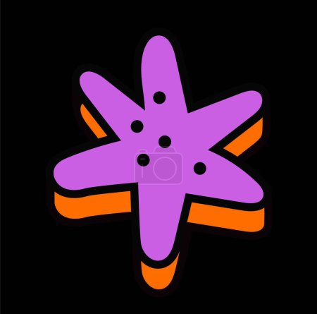 Illustration for Psychedelic retro sticker. Groovy acid icon with purple starfish, outline and bright shadow. Design element for printing on paper. Cartoon flat vector illustration isolated on black background - Royalty Free Image