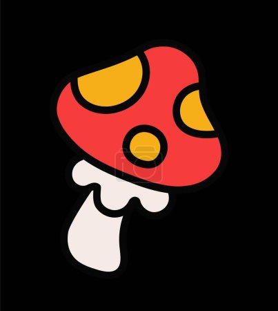 Illustration for Psychedelic retro sticker. Hallucinogenic acid icon with poisonous red fly agaric mushroom. Design element for posters and covers. Cartoon flat vector illustration isolated on black background - Royalty Free Image