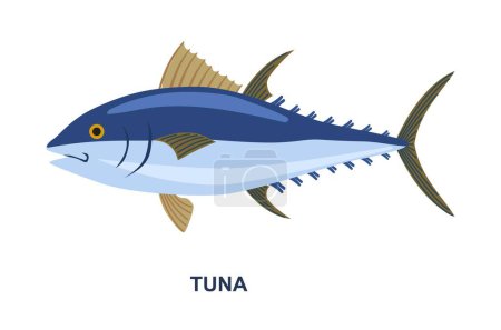 Illustration for River or sea fish. Poster with blue edible seafood. Sticker with delicious fresh tuna or mackerel. Design element for infographics. Cartoon flat vector illustration isolated on white background - Royalty Free Image