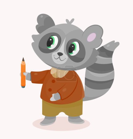 Illustration for School raccoon icon. Gray animal in brown shirt holds pencil in his hands. Education, learning and training, development. Wildlife, mammal and forest dweller. Cartoon flat vector illustration - Royalty Free Image
