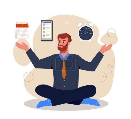 Self discipline concept. Man sits in lotus position against background of calendar and alarm clock. Efficient workflow and time management. Hardworking employee. Cartoon flat vector illustration