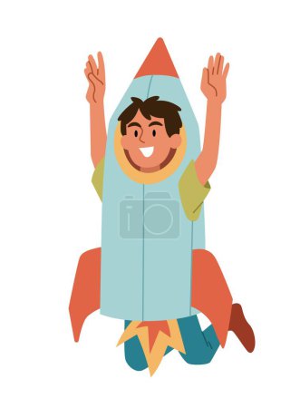 Illustration for Small boy with rocket. Young guy smiles and raises his hands up. Imagination and fantasy, bright cardboard suit. Space, spaceship and galaxy. Social media sticker. Cartoon flat vector illustration - Royalty Free Image