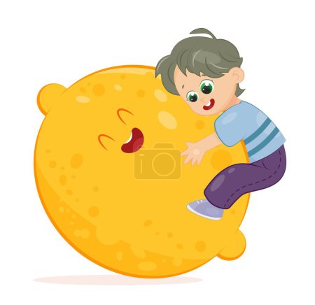 Illustration for Boy holding lemon. Charming schoolboy hugging big and yellow fruit. Happy character with fresh and organic product. Vitamin and trace elements. Poster or banner. Cartoon flat vector illustration - Royalty Free Image