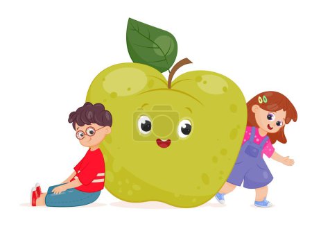 Illustration for Boy and girl with apple. Fresh and natural fruit. Vitamins and useful elements. Balanced nutrition, healthy eating and vegetarian diet. Social media sticker. Cartoon flat vector illustration - Royalty Free Image