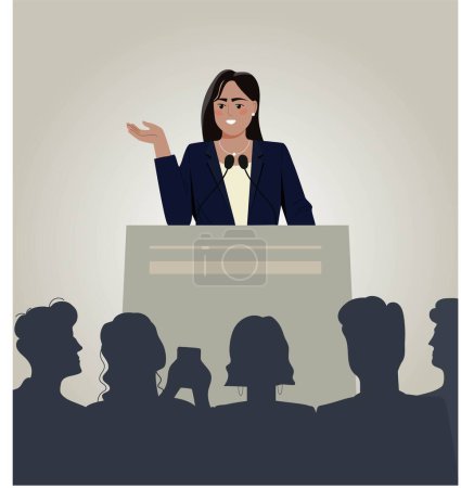 Illustration for Female speaker concept. Young girl stands behind microphones in front of crowd. Public speaking, orator. Teacher gives presentation or lecture at university. Cartoon flat vector illustration - Royalty Free Image