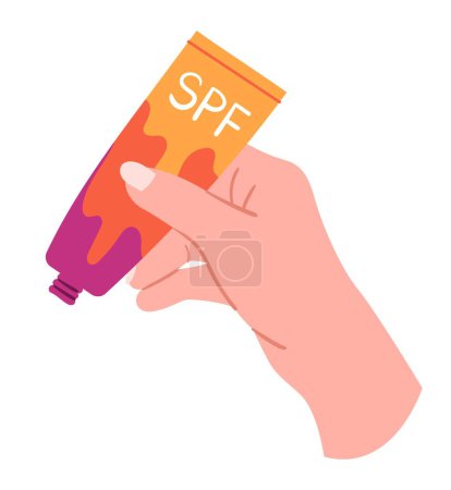 Photo for SPF cream in hand. Cosmetic product for spa treatments in summer season and comfortable rest on beach. Skin care, beauty and hygiene. Abstract packaging design. Cartoon flat vector illustration - Royalty Free Image