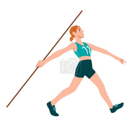 Illustration for Woman throwing spear. Athletics and sports, active lifestyle. Young girl competes. Sticker for social networks and instant messengers. Sportswoman and athlete. Cartoon flat vector illustration - Royalty Free Image