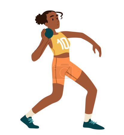 Illustration for Woman pushing shot. Strength testing, athletics and competitions. Poster or banner for website. Young girl with heavy kettlebell. Sports and active lifestyle. Cartoon flat vector illustration - Royalty Free Image