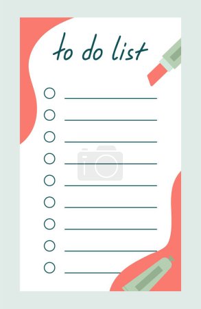 Illustration for Weekly or daily planner. Organizer or schedule decorated with abstract red shapes and lipstick. Design element for printing on paper. Cartoon flat vector illustration isolated on gray background - Royalty Free Image