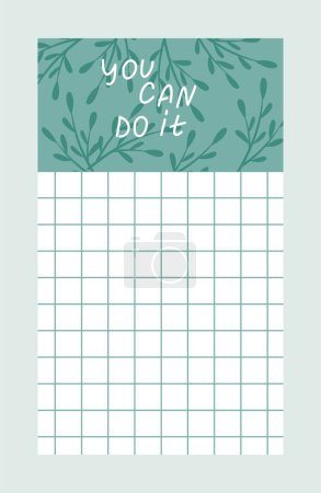 Illustration for Weekly or daily planner. Task list template with checkered sheet and organic pattern. Efficiency and Productivity. Design element for journal. Cartoon flat vector illustration isolated on gray - Royalty Free Image