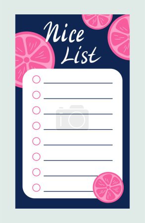 Illustration for Weekly or daily planner. Dark to do list layout with pink fruit slices or orange. Sheet for schedule. Design element for printing on paper. Cartoon flat vector illustration isolated on gray background - Royalty Free Image