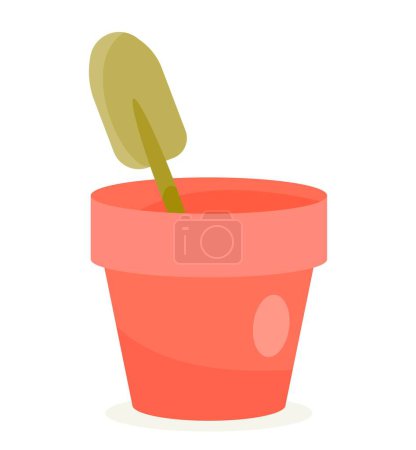 Illustration for Toy for child. Sticker with red bucket and shovel for playing in sandbox. Fun and outdoor activity for kids. Design element for app or online store. Cartoon flat vector illustration isolated on white - Royalty Free Image
