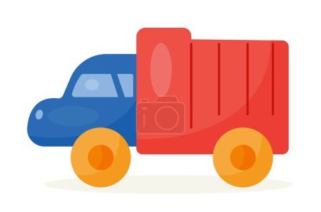 Ilustración de Juguete para niños. Pegatina con camión de plástico para niños para el transporte de mercancías y jugar. Entretenimiento y diversión. Elemento de diseño para redes sociales. Ilustración vectorial plana de dibujos animados aislada en blanco - Imagen libre de derechos